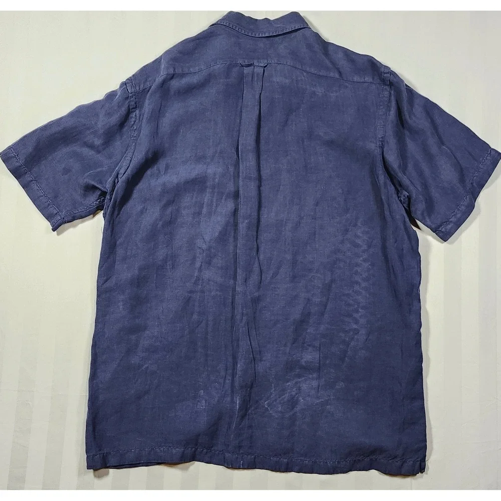 Vintage Polo Ralph Lauren Mens L Navy Button Linen Silk Short Sleeve Shirt Loop - Picture 4 of 7